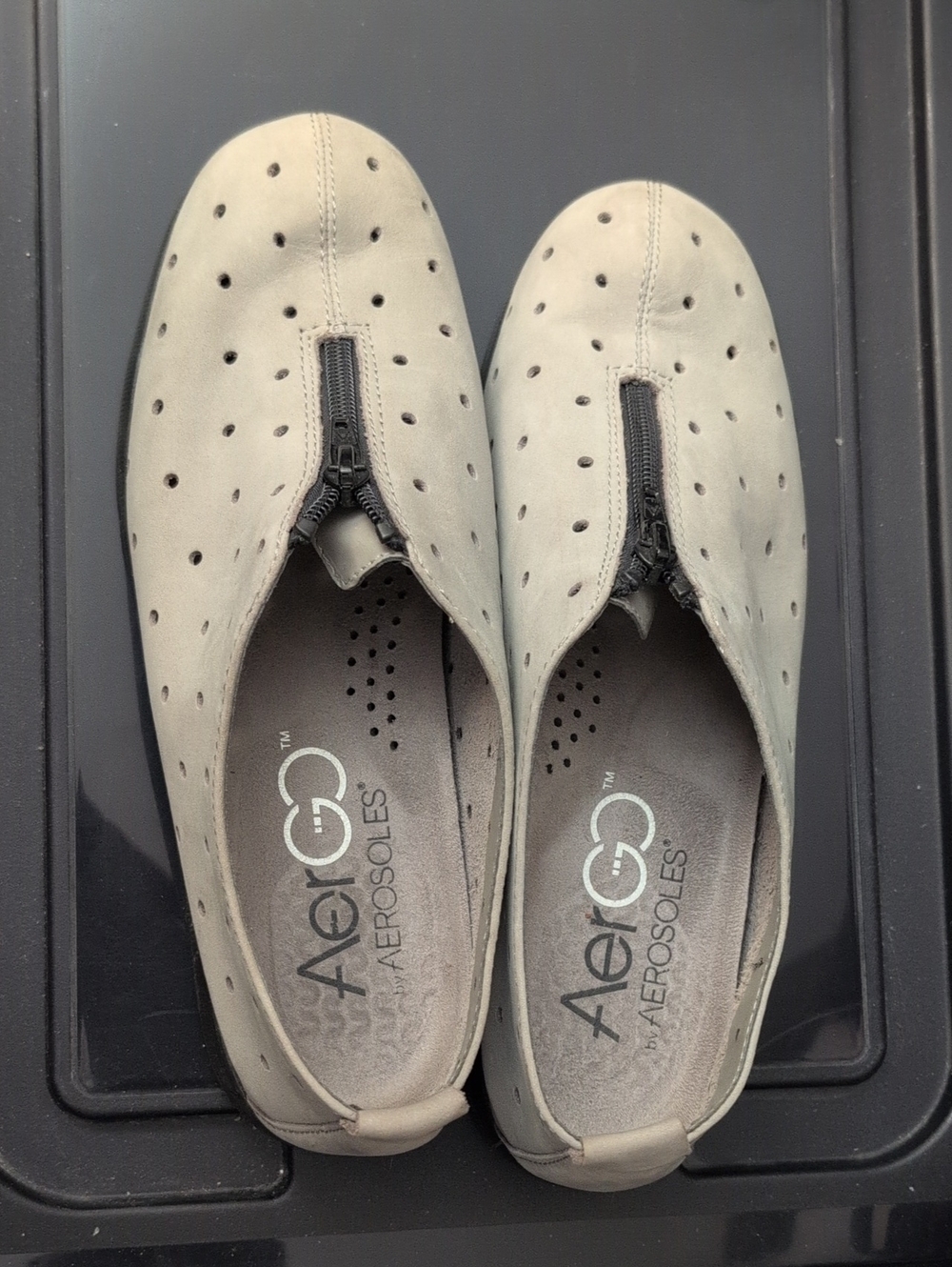 AEROSOLES Perforated Zip-Front Slip-Ons in Light Gray